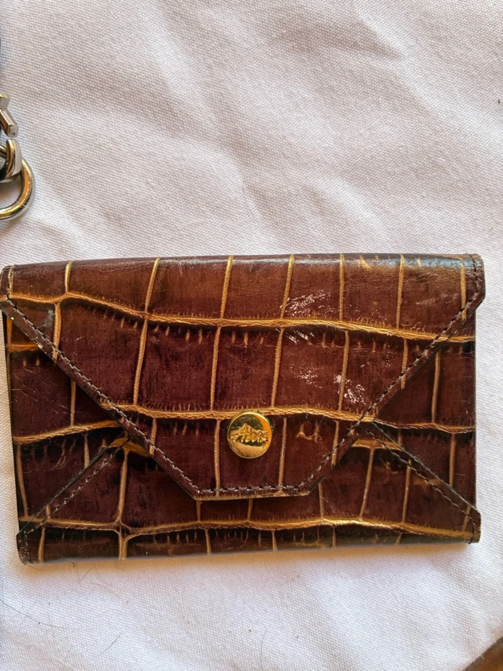 2 Croc-Embossed Wallets Brown Leather Card Wallet with Gold Snap and Calf Hair